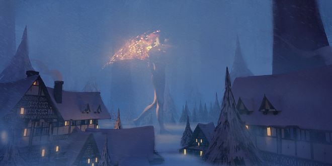 Обои на рабочий стол Человек идет по зимнему ночному городку с елями, by Thomas Stoop