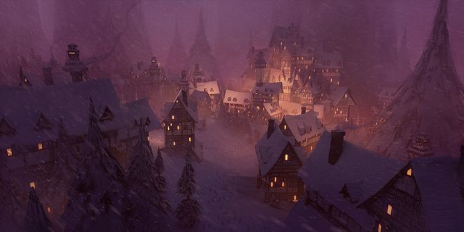 Обои на рабочий стол Зимний вечерний городок, by Thomas Stoop