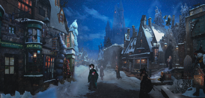Обои на рабочий стол Hermione Granger / Гермиона Грейнджер идет по улице деревни Hogsmeade before Christmas / Хогсмид перед Рождеством, арт к серии книг о Harry Potter / Гарри Поттере, by DraakeT