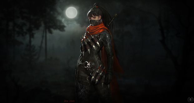 Обои на рабочий стол Девушка-Assassin / Убийца стоит на фоне деревьев лунной ночью, by dia nak
