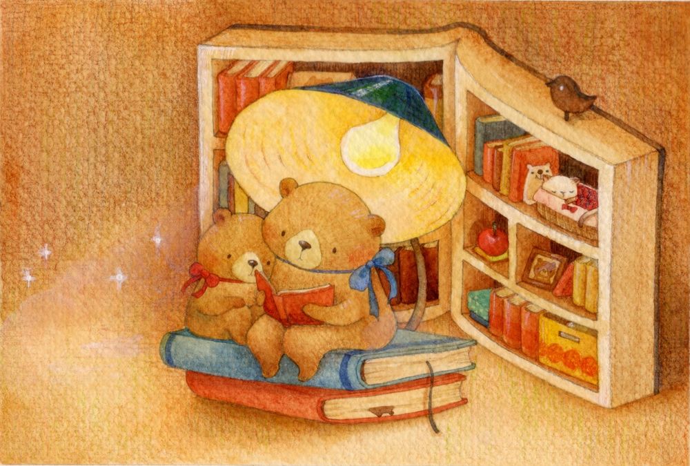 Обои для рабочего стола Мама медведица читает медвежонку книжку