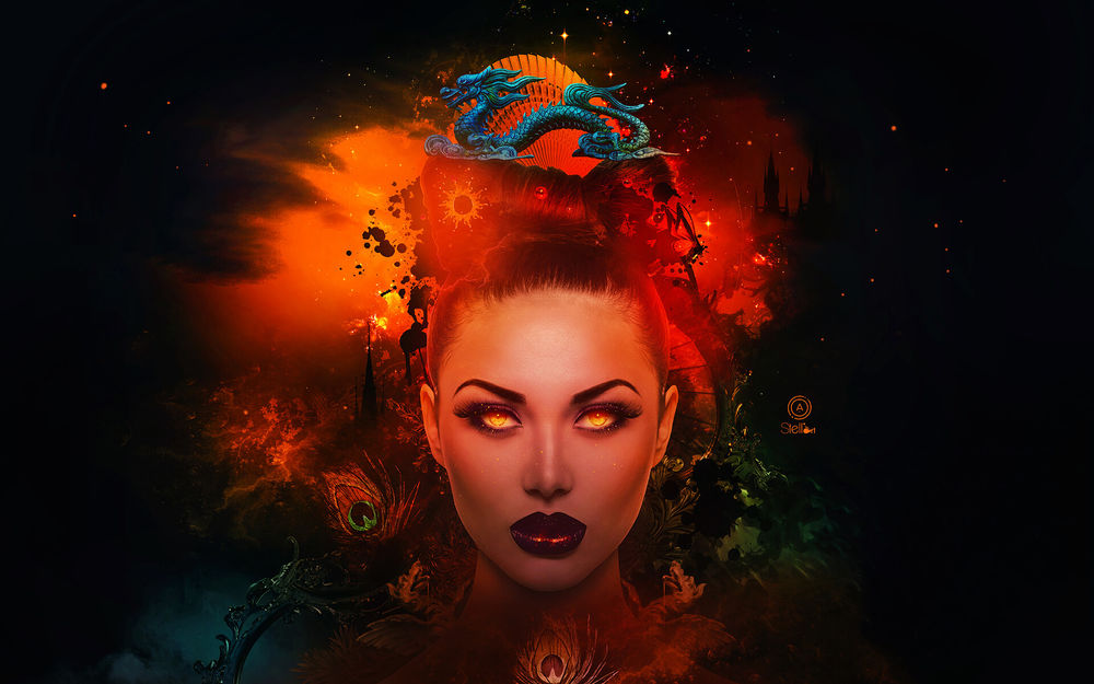 Обои для рабочего стола Девушка с горящими огнем глазами, Asian mystery / Азиатская тайна, by Estelle Chomienne