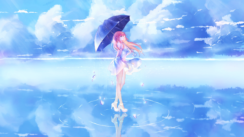 Обои для рабочего стола Длинноволосая девушка с зонтом стоит на воде под облаками, by yourdadaki