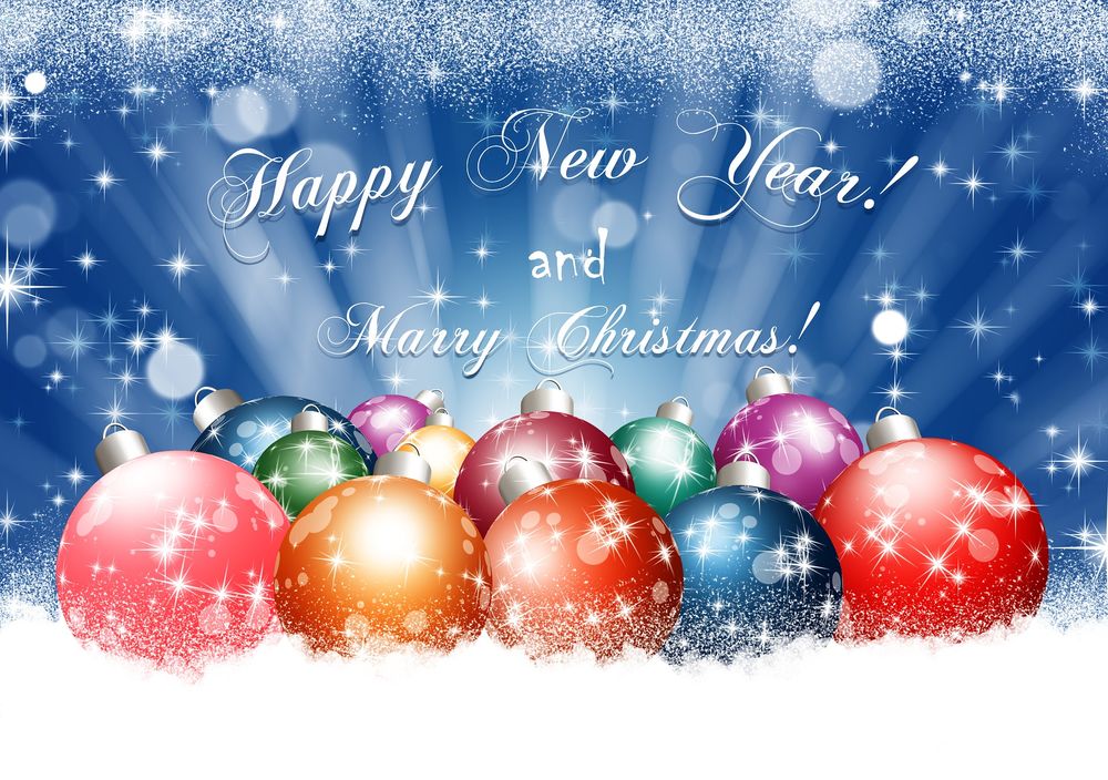 Обои для рабочего стола Разноцветные новогодние шары на снегу, (Merry Christmas / с рождеством и Happy New Year / счастливого нового года). Автор Larisa Koshkina
