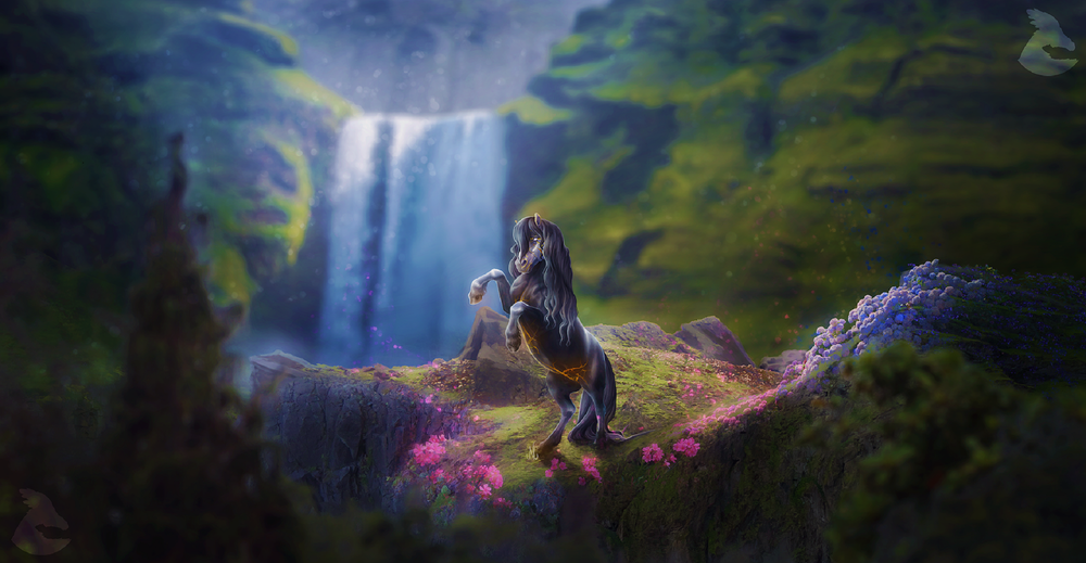Обои для рабочего стола Фантастическая лошадь стоит на дыбах в цветах на фоне водопада, by Nikkayla