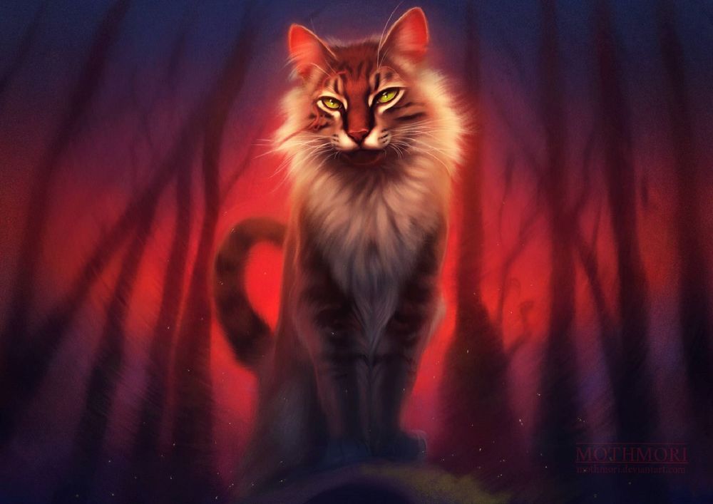 Обои для рабочего стола Романтический кот на фоне деревьев, by mothmori