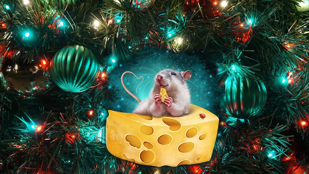 Обои для рабочего стола Мышка ест сыр на фоне новогодней елки