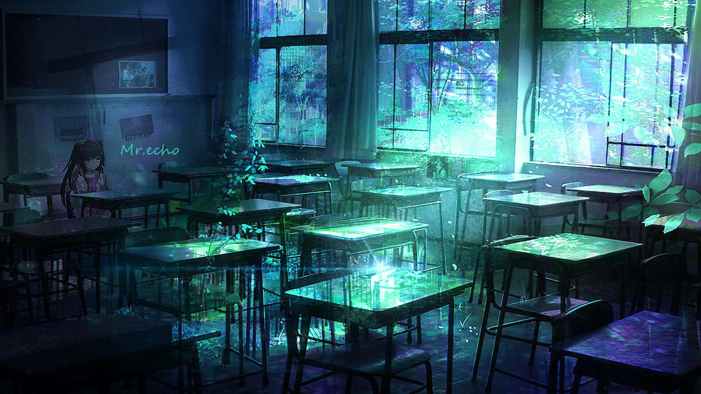 Обои для рабочего стола Vocaloid Miku Hatsune / Вокалоид Мику Хацунэ сидит в классе