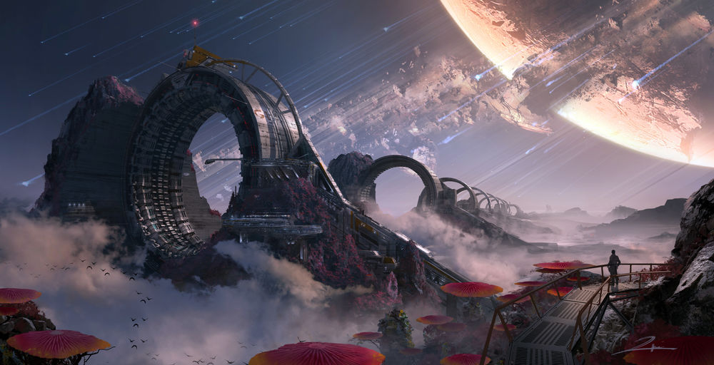 Обои для рабочего стола Футуристический пейзаж другой планеты на фоне звездопада из видеоигры Titanfall 2