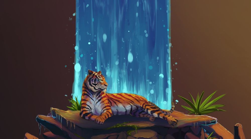 Обои для рабочего стола Тигр лежит на камне на фоне водопада, by Coffeeandbiscuits