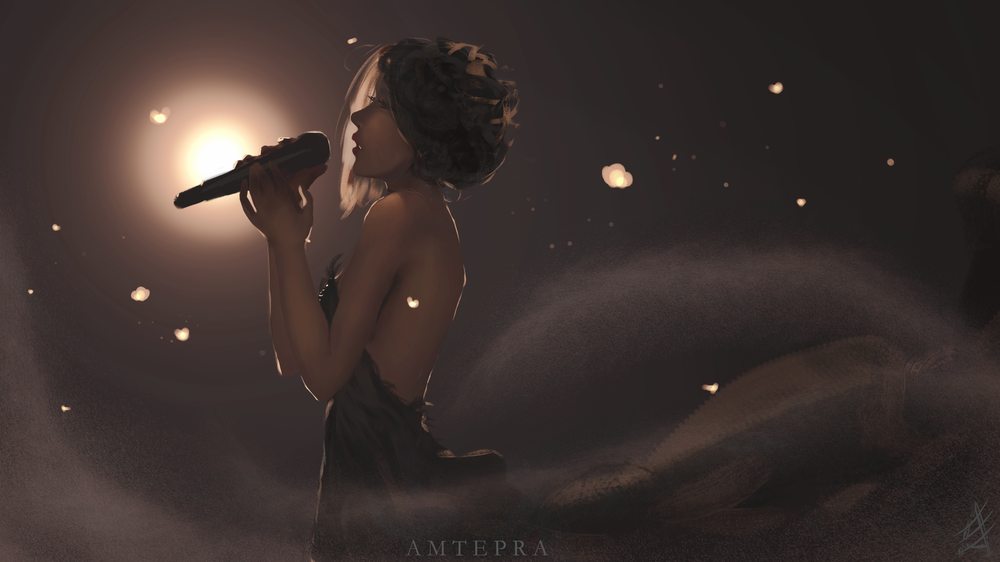 Обои для рабочего стола Девушка с микрофоном, by AMTEPRA