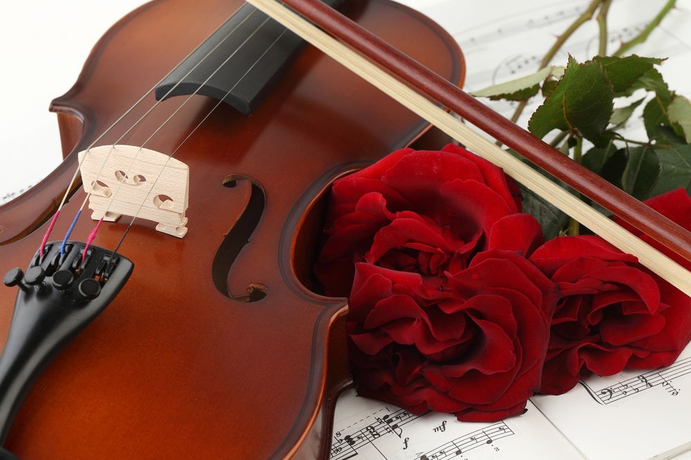 Обои для рабочего стола Скрипка и красные розы лежат на нотной тетради