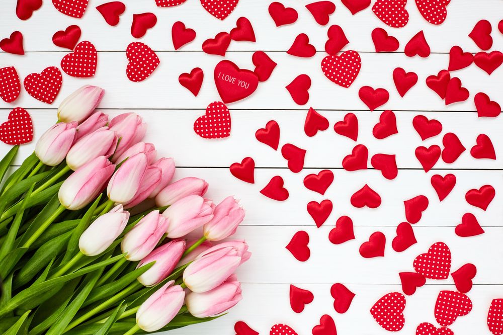 Обои для рабочего стола Розовые тюльпаны на фоне сердечек