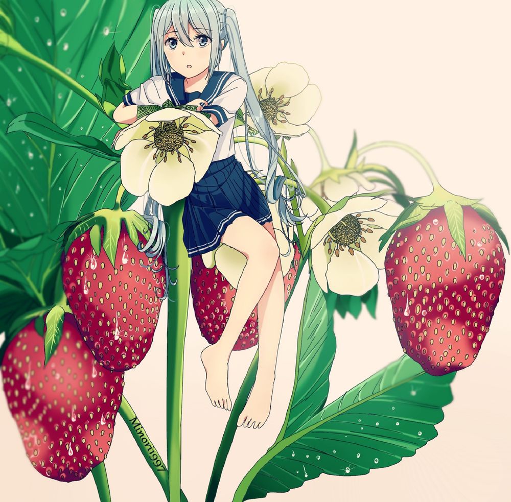 Обои для рабочего стола Vocaloid Miku Hatsune / Вокалоид Мику Хацунэ сидит на кусте клубники