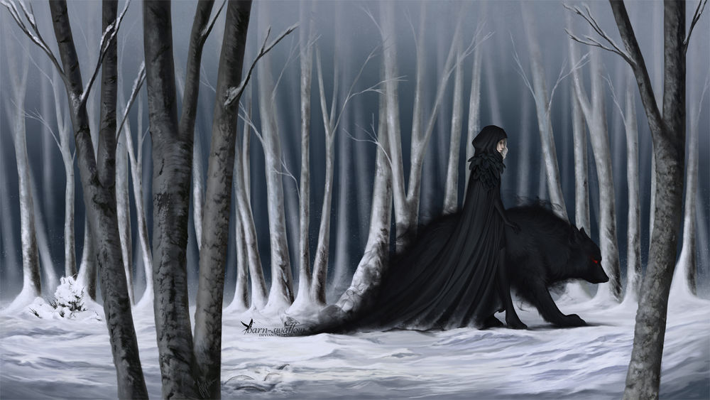 Обои для рабочего стола Белокурый мужчина в черной одежде идет рядом с черным волком в зимнем лесу, by barn-swallow