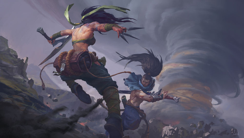 Обои для рабочего стола Yasuo and Akali / Ясуо и Акали, арт к игре League of Legends / Лига Легенд, by Song Nan Li