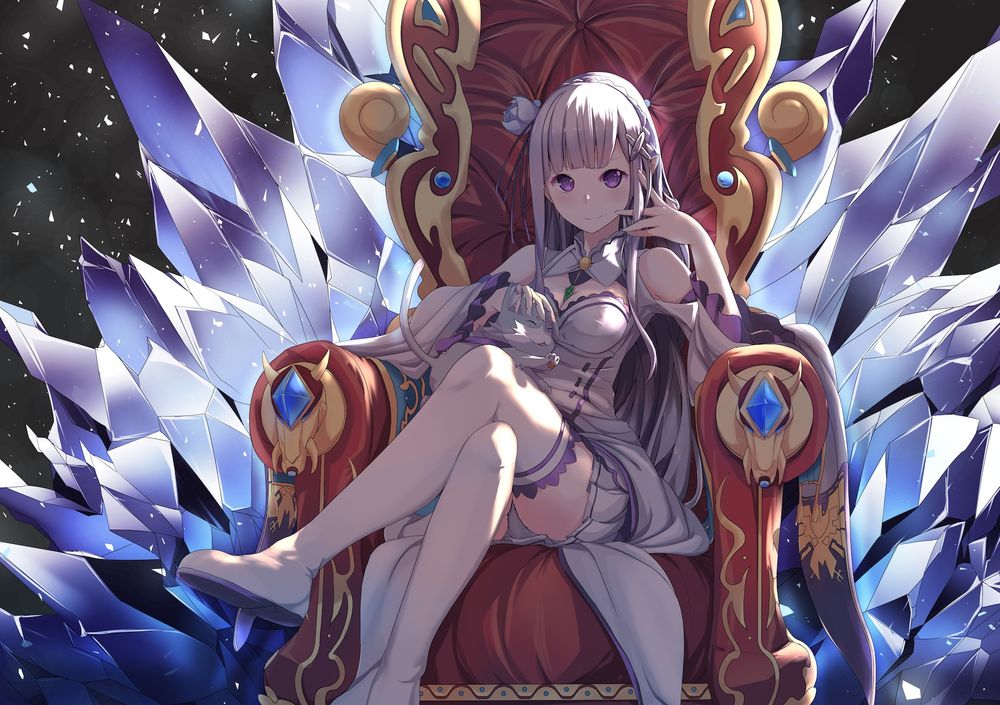 Обои для рабочего стола Emilia / Эмилия и Puck / Пак из аниме Re: Zero kara Hajimeru Isekai Seikatsu / Re: Жизнь в альтернативном мире с нуля