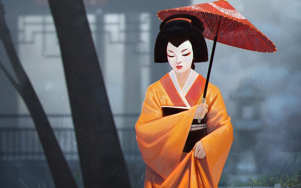 Обои для рабочего стола Девушка - гейша в желтом кимоно и с красным зонтиком в руках, by Andrei Romashikhin