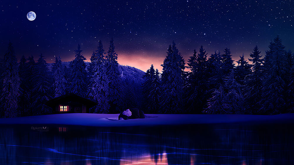 Обои для рабочего стола Работа Christmas tale / Рождественская сказка, домик у озера, by Ellysiumn