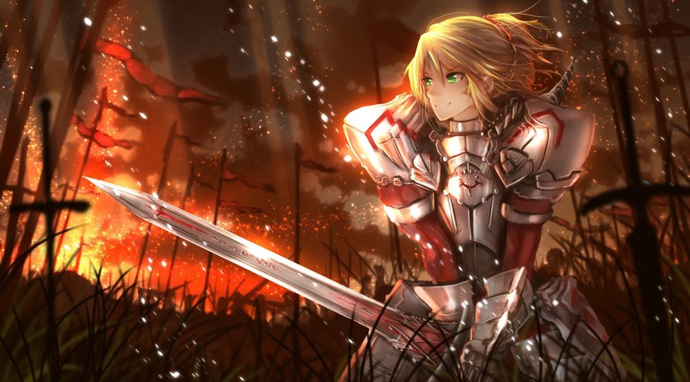 Обои для рабочего стола Mordred, Saber of Red / Мордред, Сэйбер Красных в доспехах и с мечем в руках из аниме и манги Fate: Apocrypha / Судьба: Апокриф, а также онлайн RPG игры Fate: Grand Order / Судьба : Великий Приказ