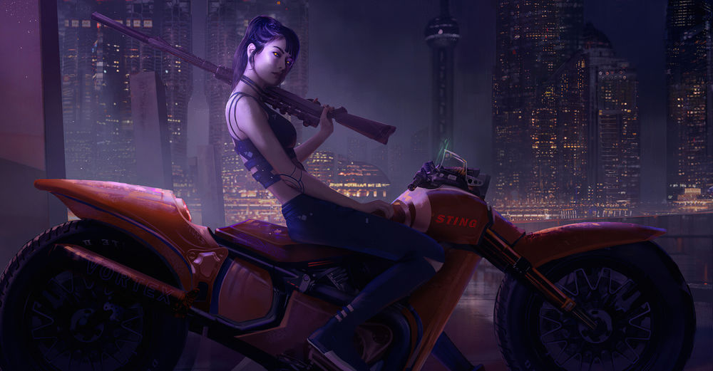 Обои для рабочего стола Девушка-наемник с винтовкой сидит на мотоцикле в ночном городе, by Liew Yu Liang John