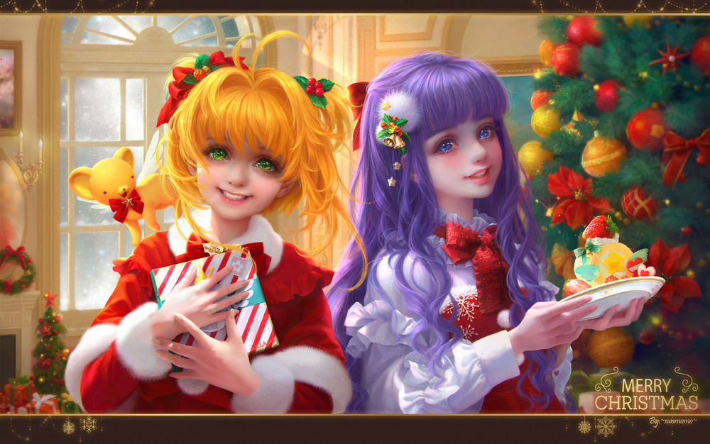 Обои для рабочего стола Sakura Kinomoto / Сакура Киномото, Daidouji Tomoyo / Томое Дайдодзи и зверек Keroderos из аниме Сакура-собирательница карт / Cardcaptor Sakura,(Merry Christmas / Счастливого Рождества), by sunmomo