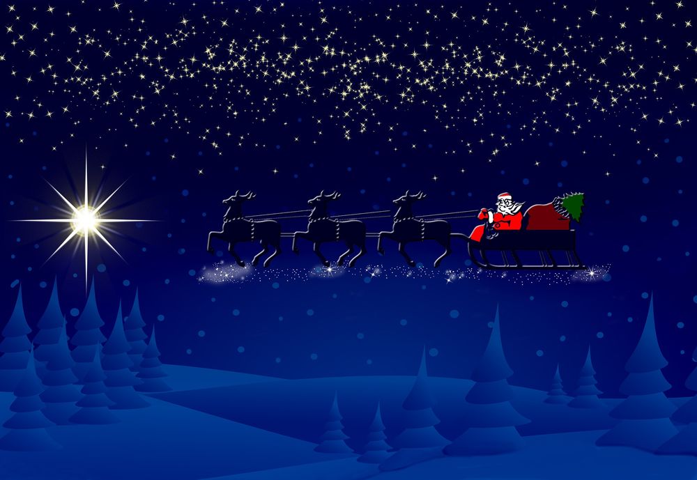 Обои для рабочего стола Санта Клаус летит по небу на санях, с запряженными оленями на фоне звезды, деревьев и неба, by Frauke Riether