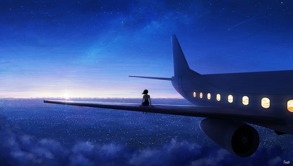 Обои для рабочего стола Девушка сидит на крыле летящего в ночном небе самолета, by RicoDZ