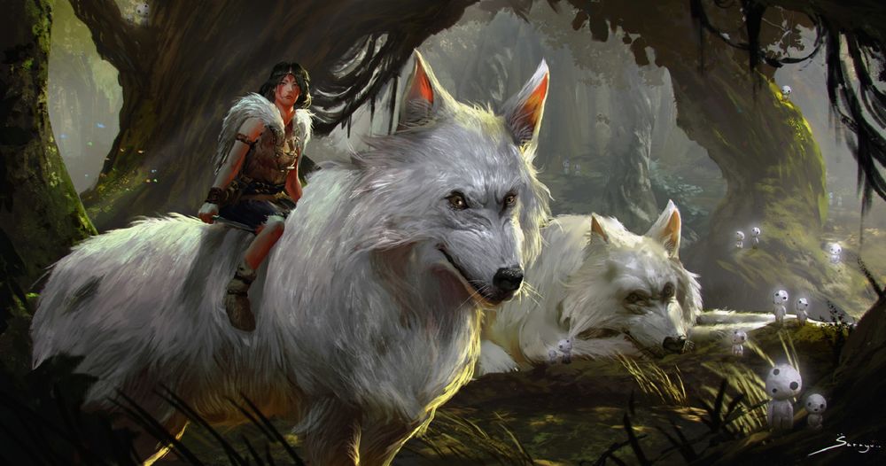 Обои для рабочего стола Принцесса Мононокэ Сан / Mononoke San с волками, из аниме Princess Mononoke / Принцесса Мононоке / Mononoke Hime, by Sarayu Ruangvesh