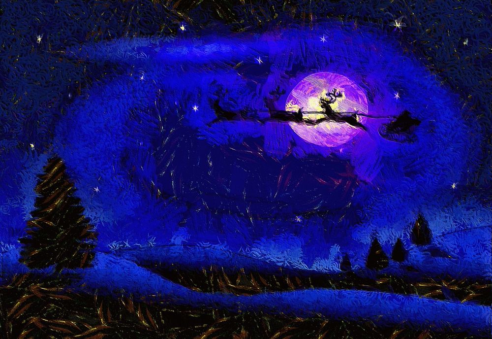 Обои для рабочего стола Дед Мороз в санях в упряжке с оленями мчится по ночному небу, by montag451