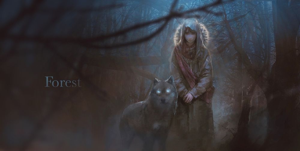 Обои для рабочего стола Девочка стоит в лесу рядом с волком, by gen y
