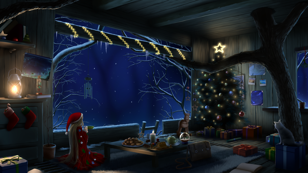 Обои для рабочего стола Белокурая девушка в новогоднем наряде сидит с чашкой у стола в деревянном домике на дереве, с рождественским интерьером зимней ночью, by HatschYuh