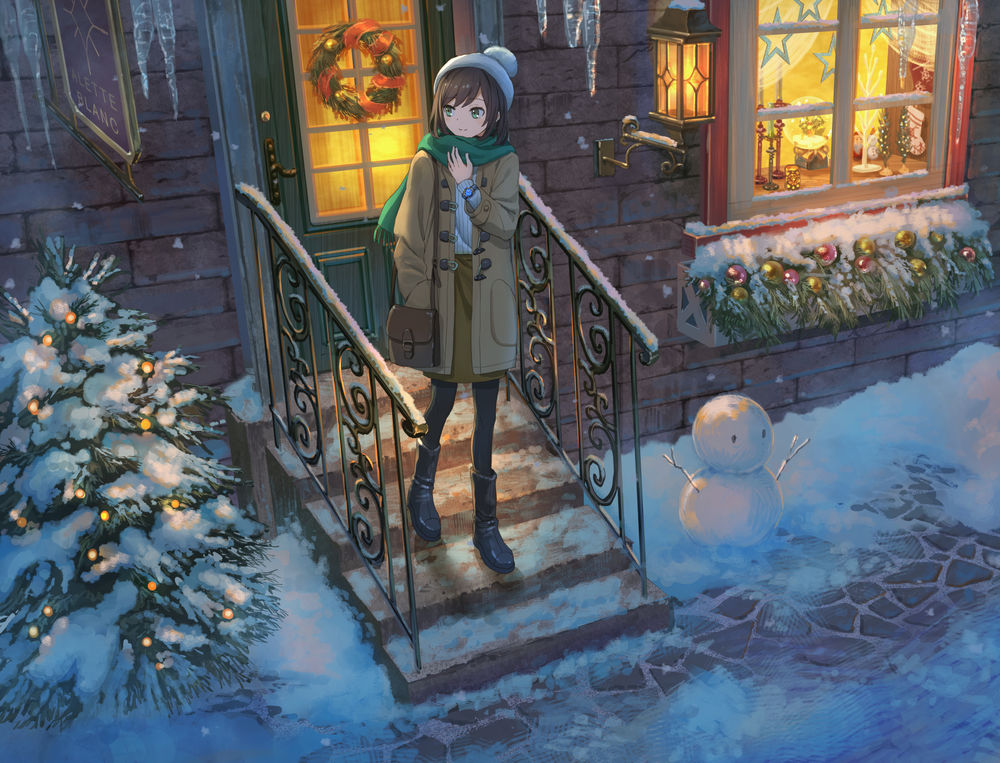 Обои для рабочего стола Девочка стоит на лестнице и смотрит на припорошенную снегом елку у крыльца
