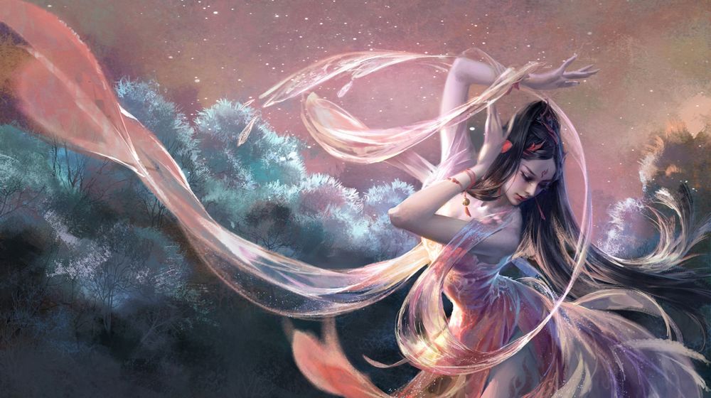 Обои для рабочего стола Девушка-The nine-tailed fox / Девятихвостая лиса в танце, by KUISHI Xu