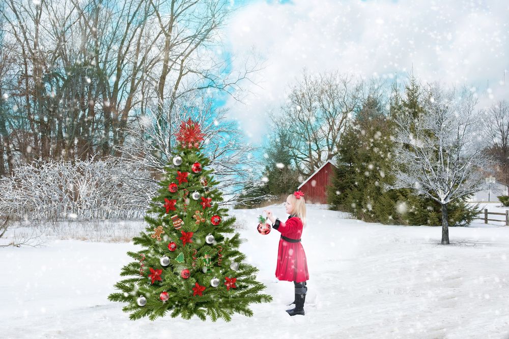 Обои для рабочего стола Маленькая девочка стоит с елочным шаром руках у новогодней елки на снегу, на фоне домов, деревьев, by Lorri Lang