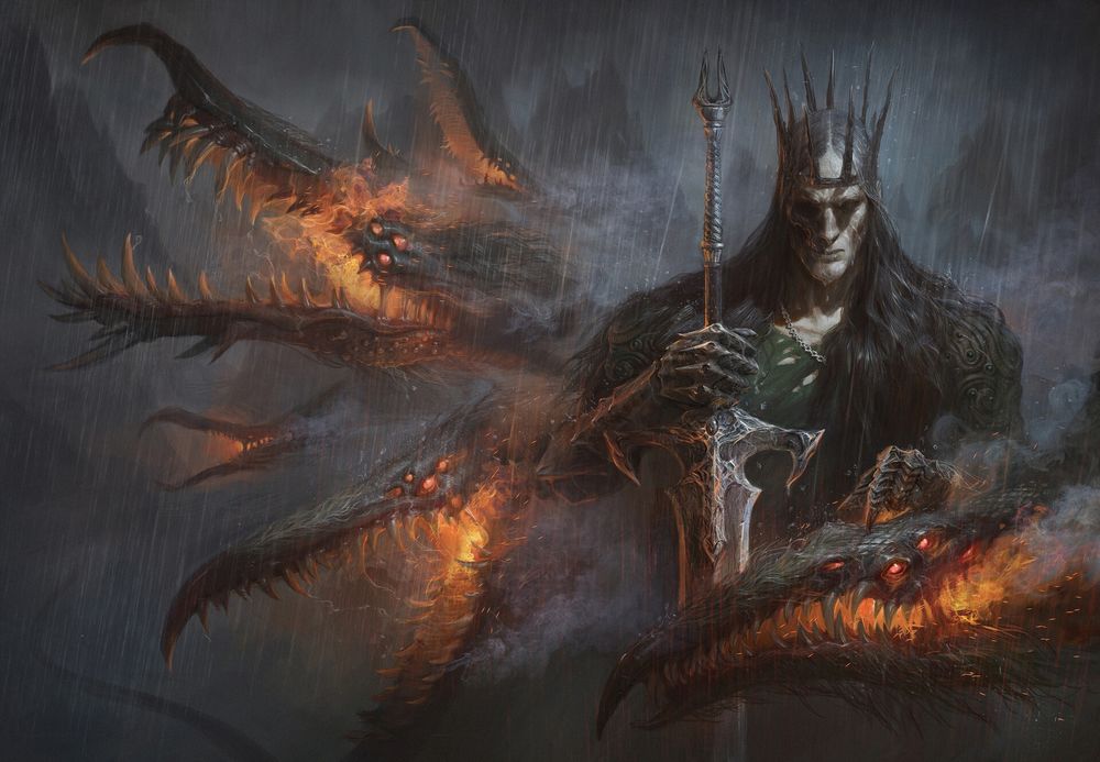Обои для рабочего стола Король демонов с драконом и с мечом среди дыма и пламени, by Alexander Skripnikov