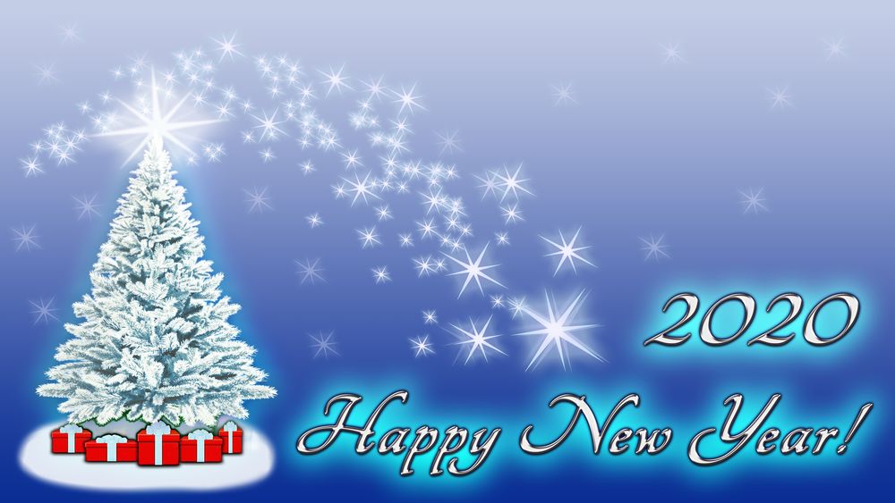 Обои для рабочего стола Новогодняя елка и надпись Happy New Year / счастливого нового года 2020