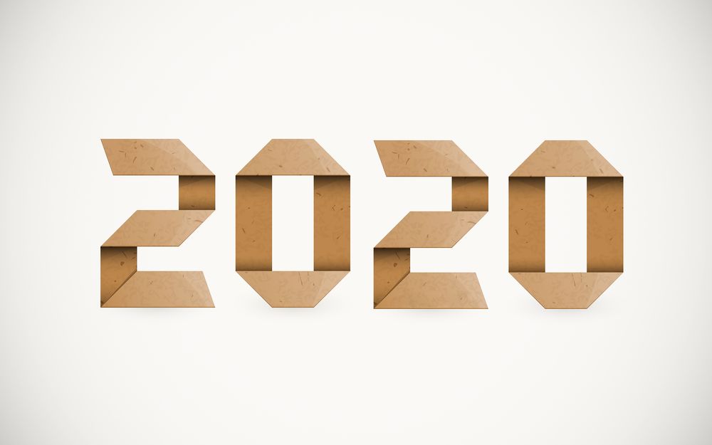 Обои для рабочего стола Цифры 2020 сложенные из бумаги на белом фоне / Новый год 2020 / New Year 2020