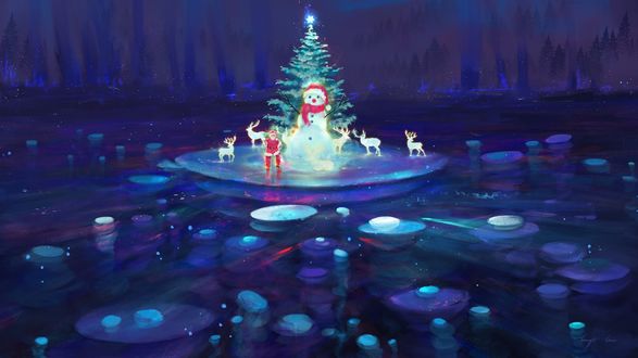 Обои на рабочий стол Дед Мороз, снеговик и олени у елки, by BisBiswas