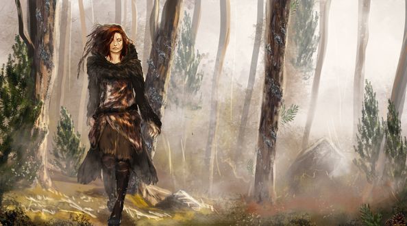 Обои на рабочий стол The Zoran huntress / Охотница Зорана идет по лесу, by Roiuky
