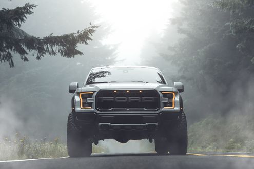 Обои на рабочий стол Джип Ford Raptor F-150 2019 на шоссе среди деревьев, окутанных туманом