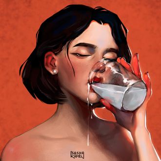 Обои на рабочий стол Девушка со стаканом молока в руке, by sashaKHMEL