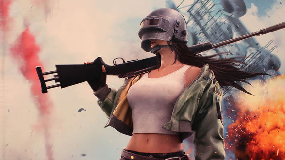 Обои на рабочий стол Девушка-солдат с винтовкой из игры PlayerUnknowns Battlegrounds