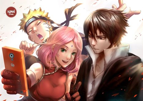 Обои на рабочий стол Haruno Sakura / Сакура Харуно делает селфи с Uchiha Sasuke / Саске Учиха и Uzumaki Naruto / Наруто Узумаки из аниме Naruto / Наруто