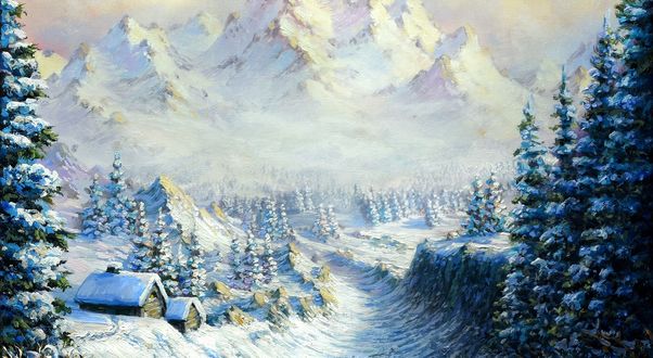 Обои на рабочий стол Зимние домики в лесу перед горами, by Fel-X