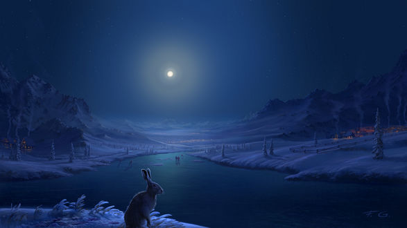 Обои на рабочий стол Кролик сидит к реки, by Fel-X