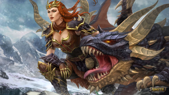 Обои на рабочий стол Богиня зимы Skadi / Скади с драконом из игры Smite, by MarmaduX