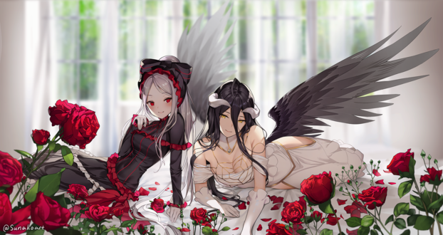 Обои на рабочий стол Shalltear Bloodfallen / Шалтир Бладфоллен и Albedo / Альбедо лежат у роз, персонажи из аниме Overlord / Повелитель, автор sunako (veera)