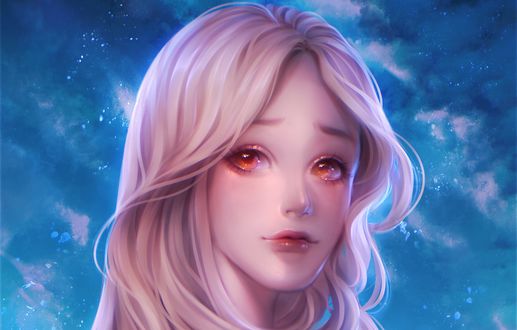 Обои на рабочий стол Белокурая девушка на фоне неба, by Ladygelion