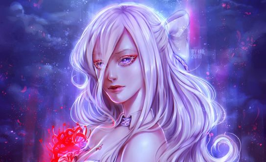 Обои на рабочий стол Девушка с цветком в руке, by Ladygelion